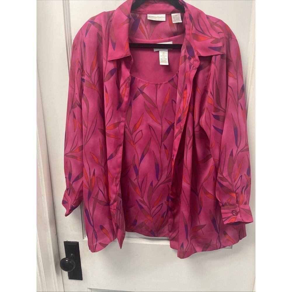 Drapers & Damons Women's Size 2XPink Purple Leaf Button Down Blouse And Tank